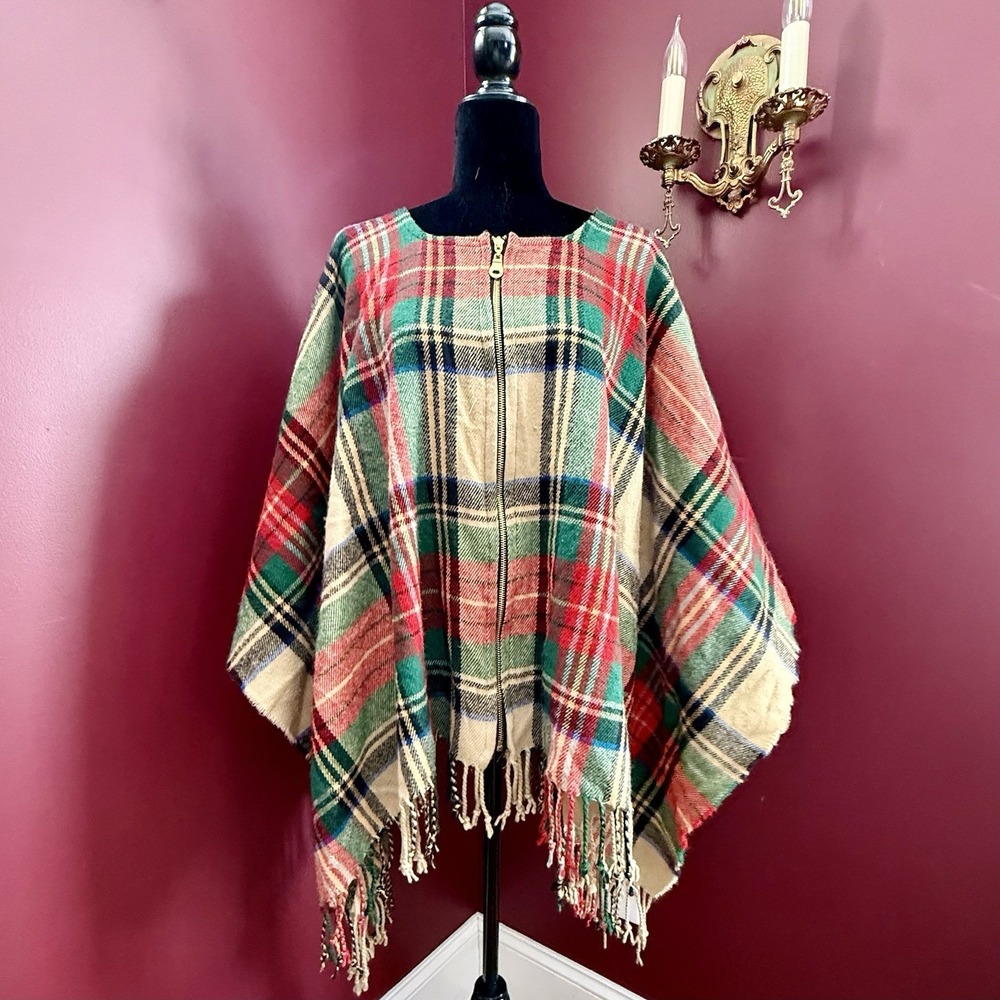 Initials Inc‎ Acrylic Women Plaid Fringe Poncho Cape Tartan Zip Front One Size